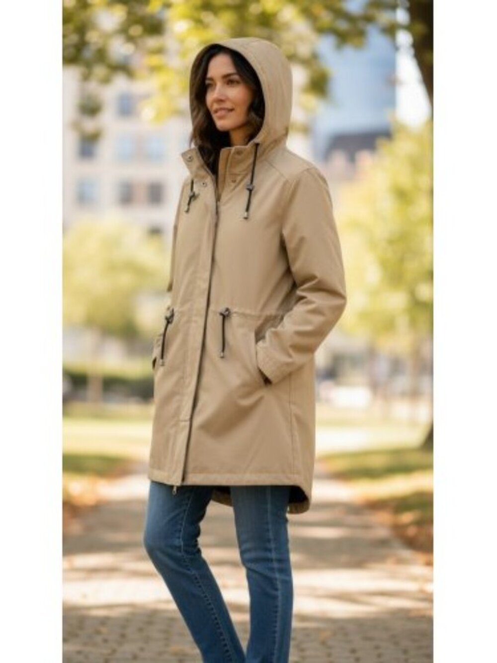 KORET Khaki Lined Rain Jacket Ladies Petite Large Removable Hood
